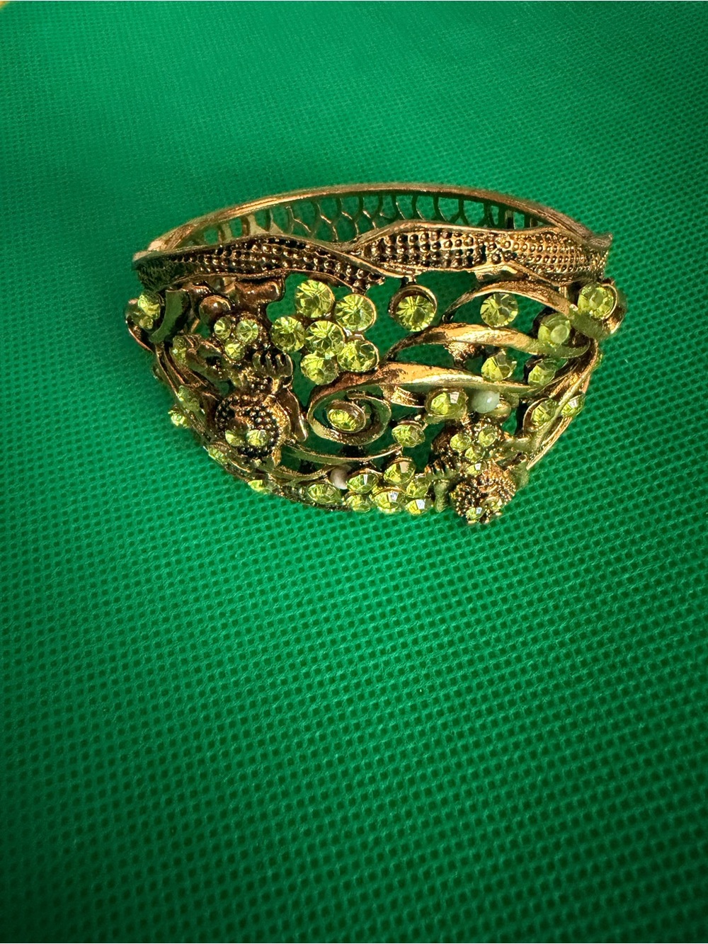 Gold Floral Bracelet with Lime Green Crystals